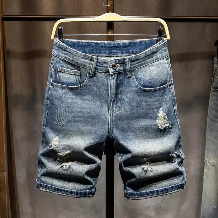 Nouveauté 2026 : Short Bermuda en jean déchiré style rétro américain pour homme – Coupe ample, décon