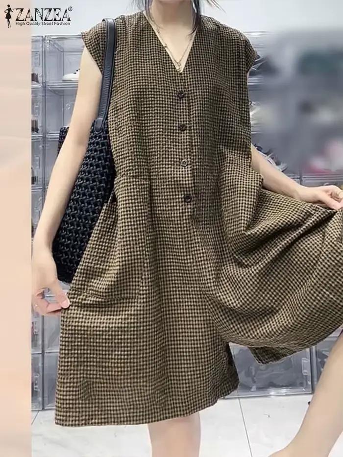 2025 ZANZEA mode femmes jambes larges combinaisons été Plaid à carreaux salopette pantalon décontrac