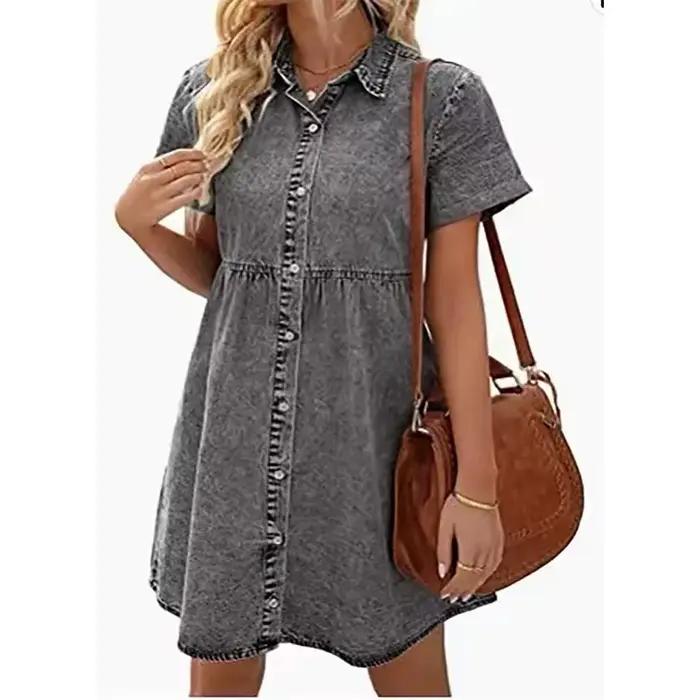 Robe chemise en jean pour femmes, manches courtes, col rabattu, en jean, simple boutonnage, haut déc