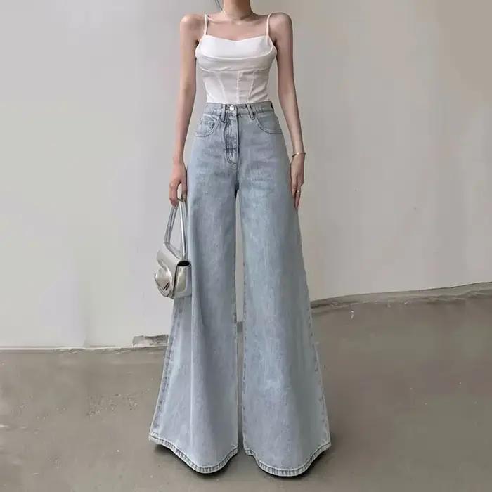 Xpqbb femmes jambes larges jean coréen taille haute ample Streetwear Denim pantalon dames décontract