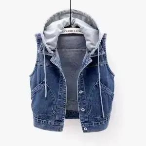 Gilet en jean sans manches pour femme, veste courte à capuche, nouvelle collection printemps-automne