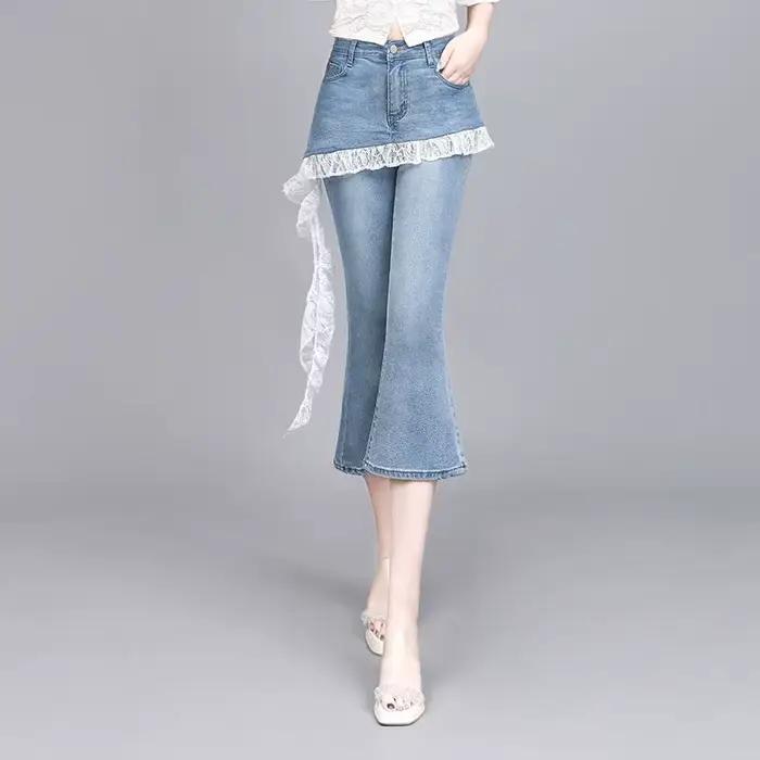 Pantalon d'été en jean à sept points, légèrement orné de dentelle, effet deux pièces, taille haute e