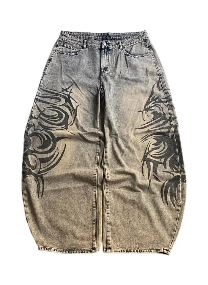 Jean Baggy imprimé gris coréen Y2K pour hommes et femmes, Vintage, Hip Hop, Harajuku, décontracté, J