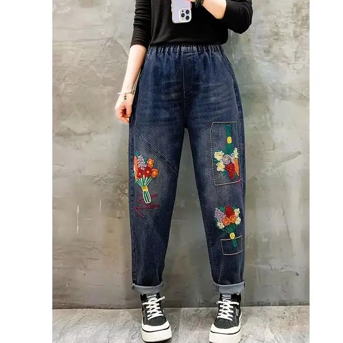Jean Taille Haute en Denim pour Femme, Pantalon Rétro Brodé, artificiel astique, Sarouel, Printemps