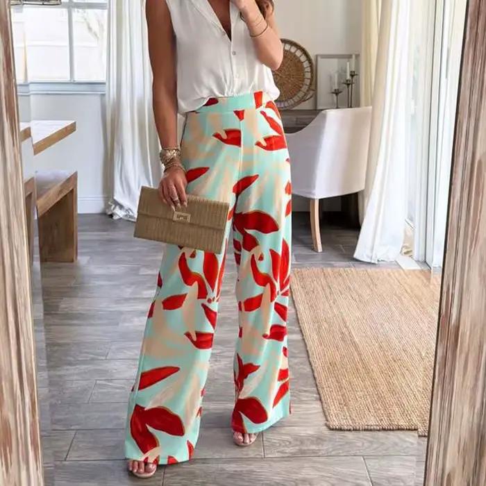 Pantalon Long imprimé de positionnement céladon élégant, mode taille haute, drapé, droit, décontract