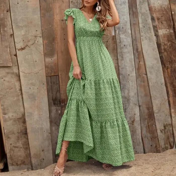 Robe longue d'été pour femmes européennes et américaines, col en V, taille haute, imprimé floral, st