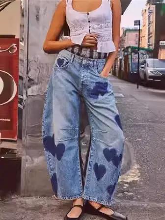 Boho plage bleu coton Denim jean pour femmes pantalon décontracté ample taille moyenne Tube en forme
