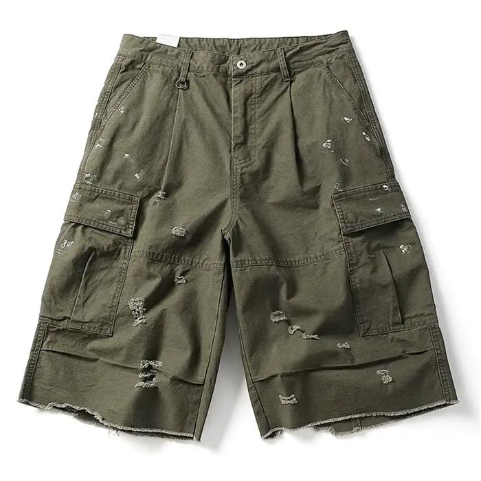 Short cargo déchiré à poche pour homme, jambe large, bord brut, éclaboussures d'encre, streetwear ré