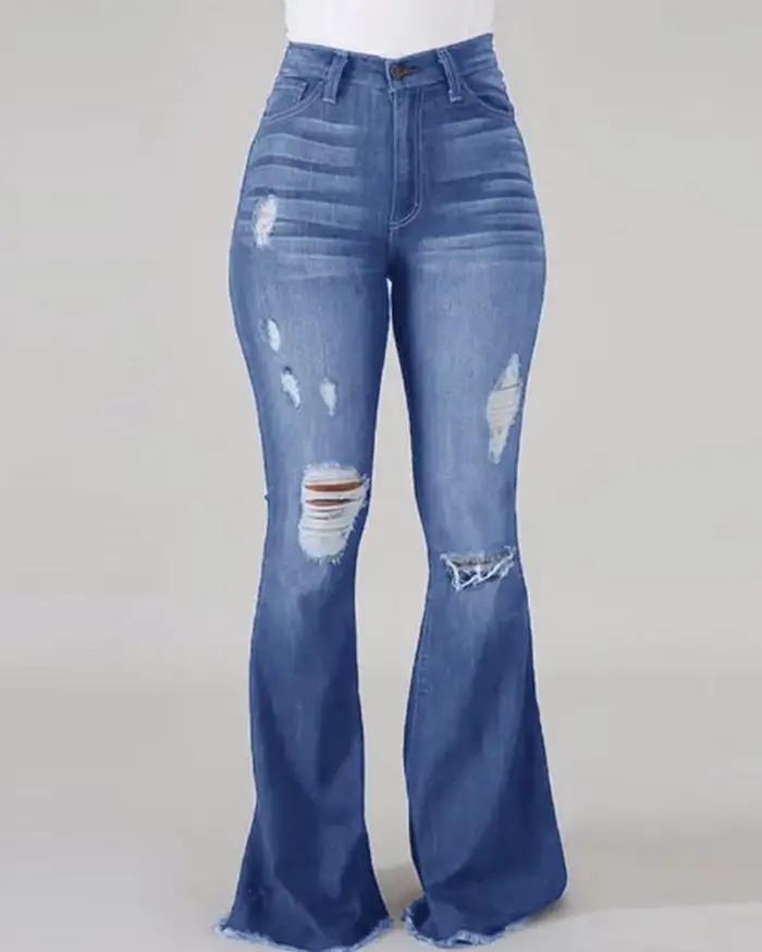 Entrejambe 32 "haut fille évasé déchiré cloche bas jean pour femmes taille haute Denim pantalon Boot