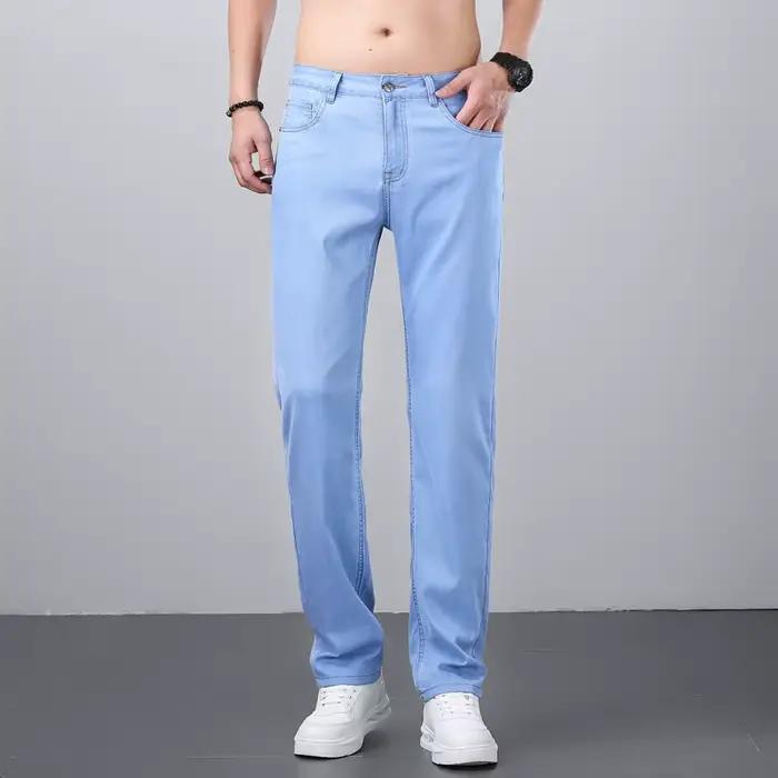 Jean en Lyocell 70% Coupe Droite Style Soie Glacée Business Casual Bleu Clair Extensible en Coton De