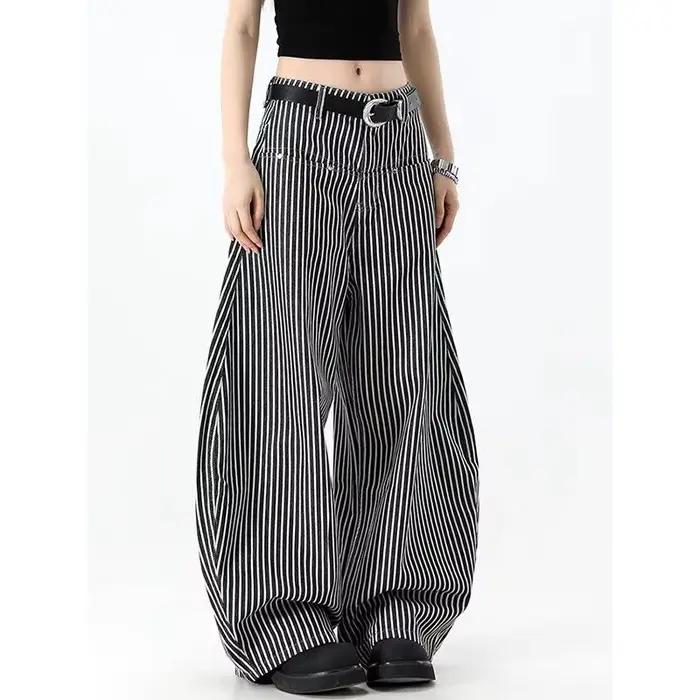 Jean scimitar rayé noir et blanc pour hommes et femmes, pantalon droit ample et polyvalent