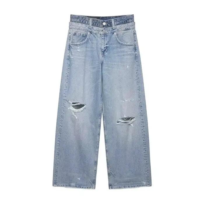Nouvelle Collection 2026 – Jean Femme Double Ceinture Effet Vieilli Y2K Grunge Délavé Coupe Large St