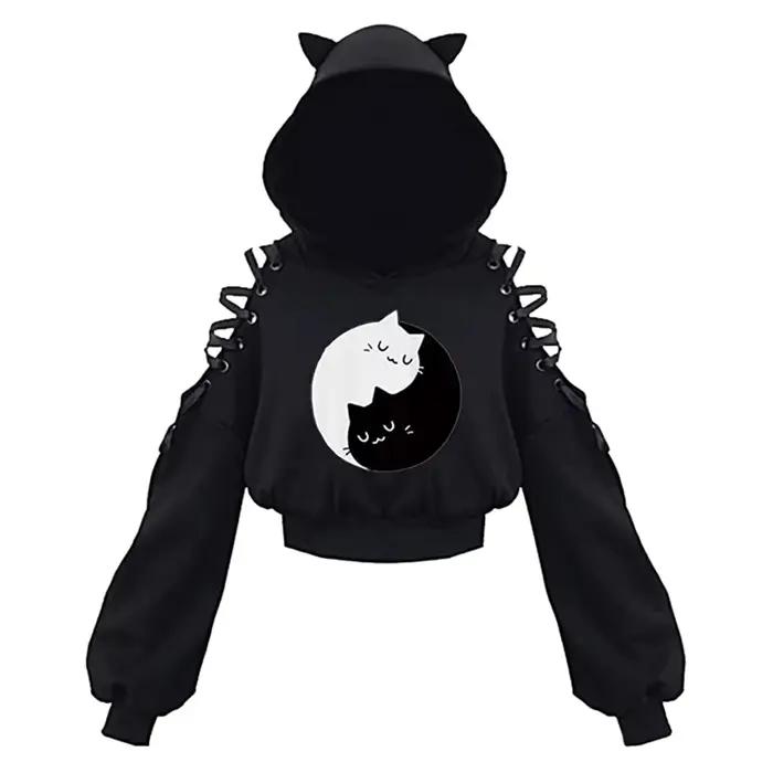 Y2k gothique femmes à capuche chat oreille haut court sweat à capuche évider à lacets à manches long
