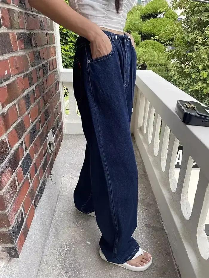 Coréen Ins rétro polyvalent taille haute femmes jambe droite jean été nouvelle mode cordon ample con