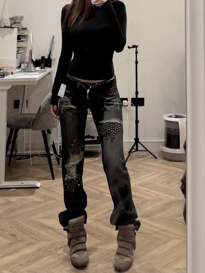 Jean déchiré rétro en détresse pour femme, pantalon à rivets, taille basse, à la mode, amincissant,