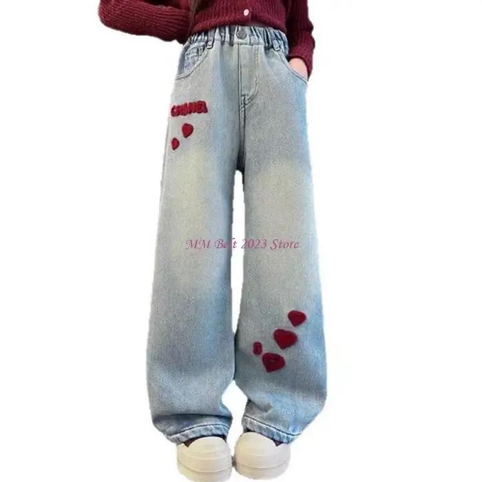 49ME – jean Baggy pour filles, coupe ample, jambes larges, pantalon en brodé à taille élastique, pou