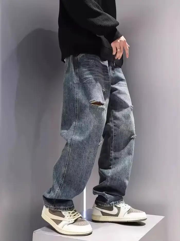 Nouveaux hommes déchiré jean Baggy droit mode Vintage bleu Denim pantalon personnalité Streetwear Hi