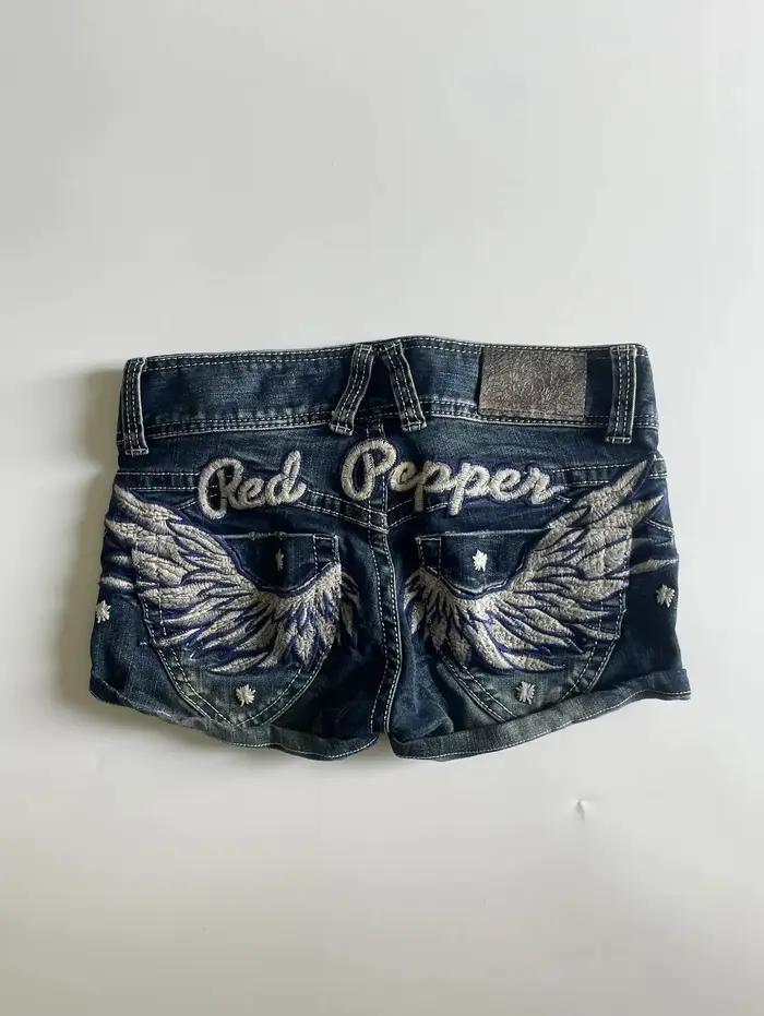 Jeans en denim bleu vintage avec broderie d'ailes d'ange, pantalon streetwear taille haute