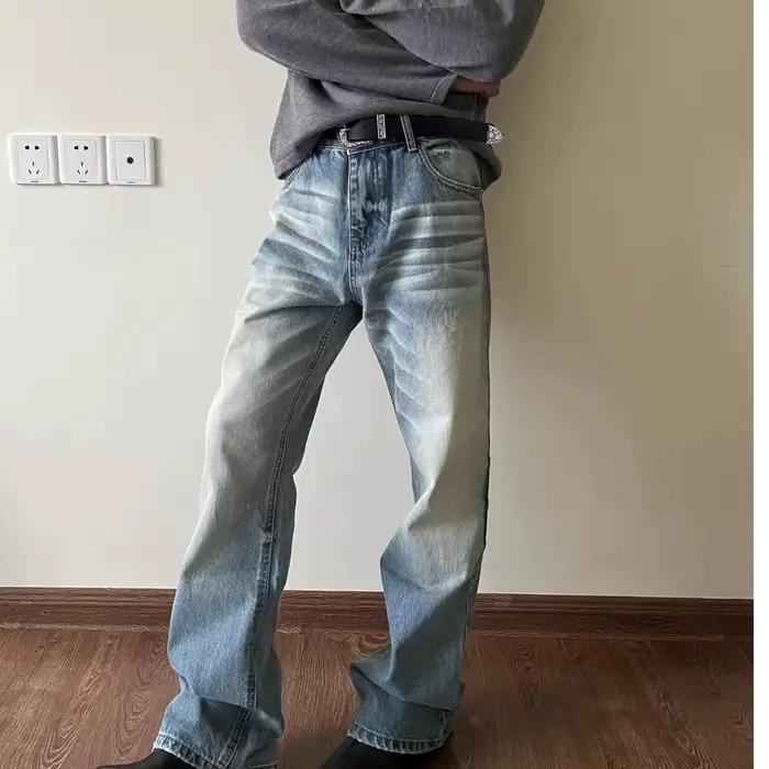 Jeans vintage américains délavés et usés pour hommes, coupe droite ample légèrement évasée, pantalon
