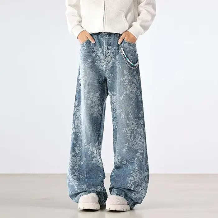 Jean brodé automne hiver nouveaux Styles pantalon ample à jambes larges rétro droit résistant à l'us