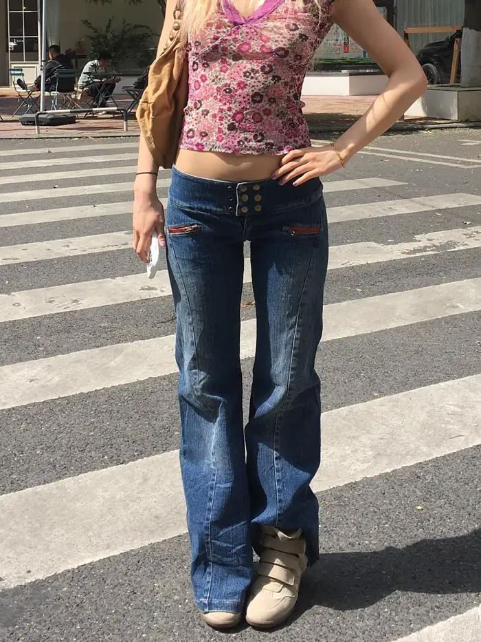 Jeans American Vintage Y2K pour femmes, sexy, slim, taille basse, jambes larges, pantalon en denim,