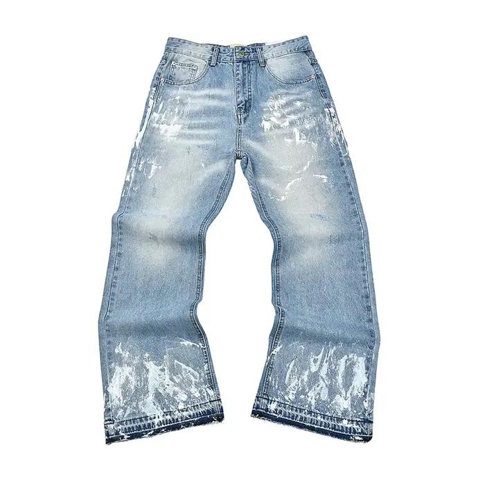 Jean Baggy noir délavé peint à l'encre de rue pour hommes pantalon en Denim droit Vintage ample déco
