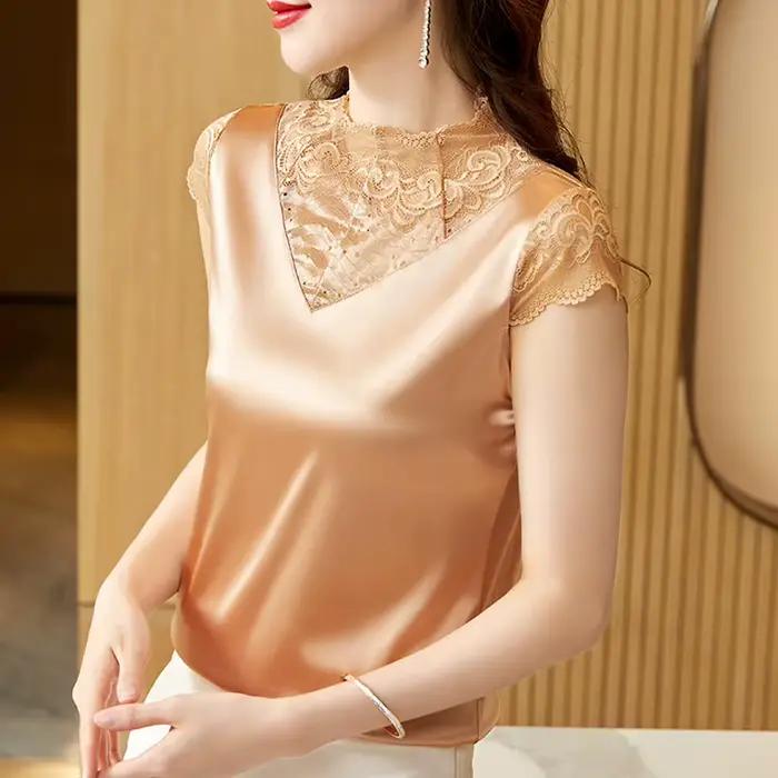 M-5XL 2023 Mode coréenne Chemisier en dentelle Patchwork Demi col haut Satin Pulls Y-Summer Chemise