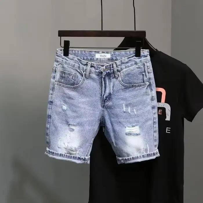 Short en Denim bleu tendance pour hommes, Style décontracté, coupe cintrée, Version coréenne, poches