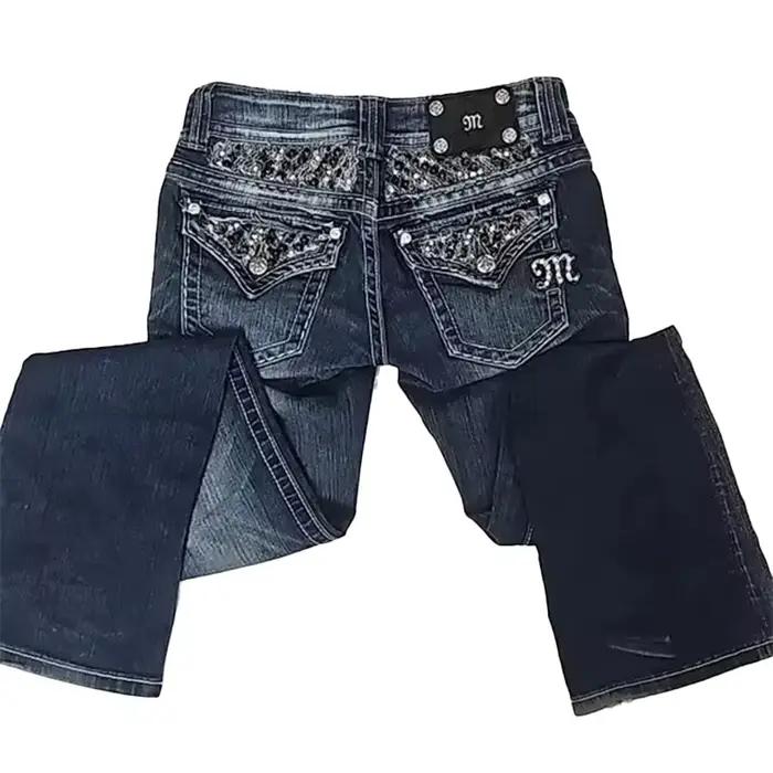 Jeans vintage streetwear Y2K pour femmes, avec poches à sequins, bleu délavé, coupe slim, sexy, tail