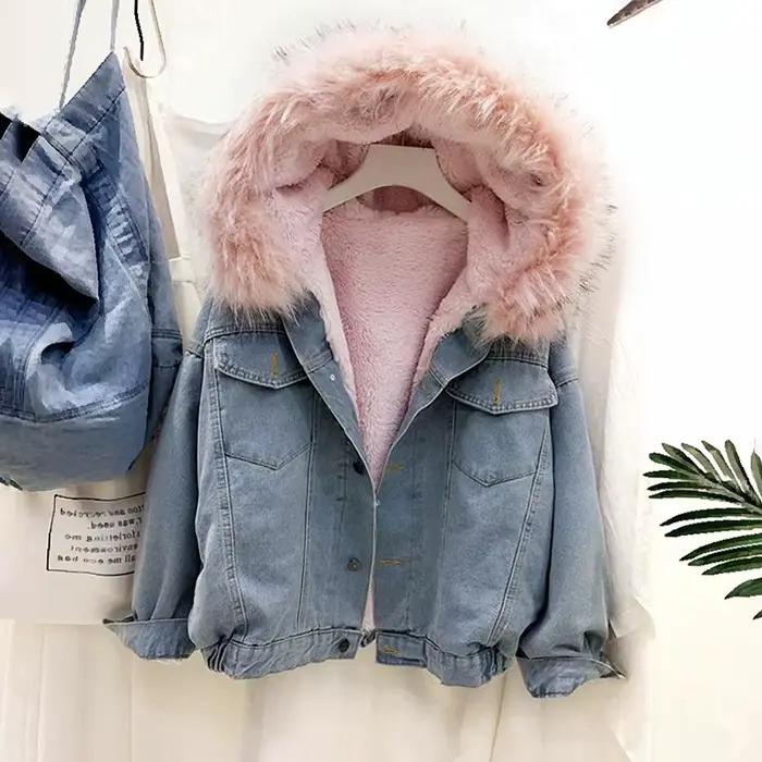 Veste en Jean à capuche pour femme, manteau épais, vêtements d'extérieur avec col en fourrure amovib