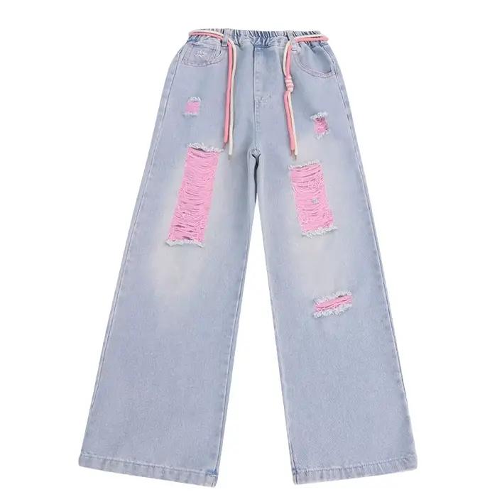 Mode enfant Y2K cordon jean pour Tweens fille détruit cassé Denim pantalon enfants adolescent déchir