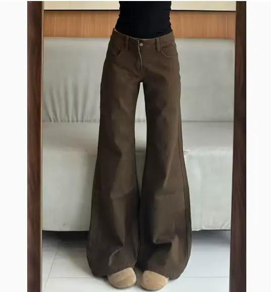 Grunge Y2k marron jambe large jean Vintage années 2000 taille basse Baggy Denim pantalon femmes déco
