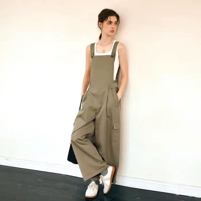 Ensemble Salopette Décontractée Droite OLrain Khaki Femme 2 Pièces Été 2026 – Gilet en Maille 100% C