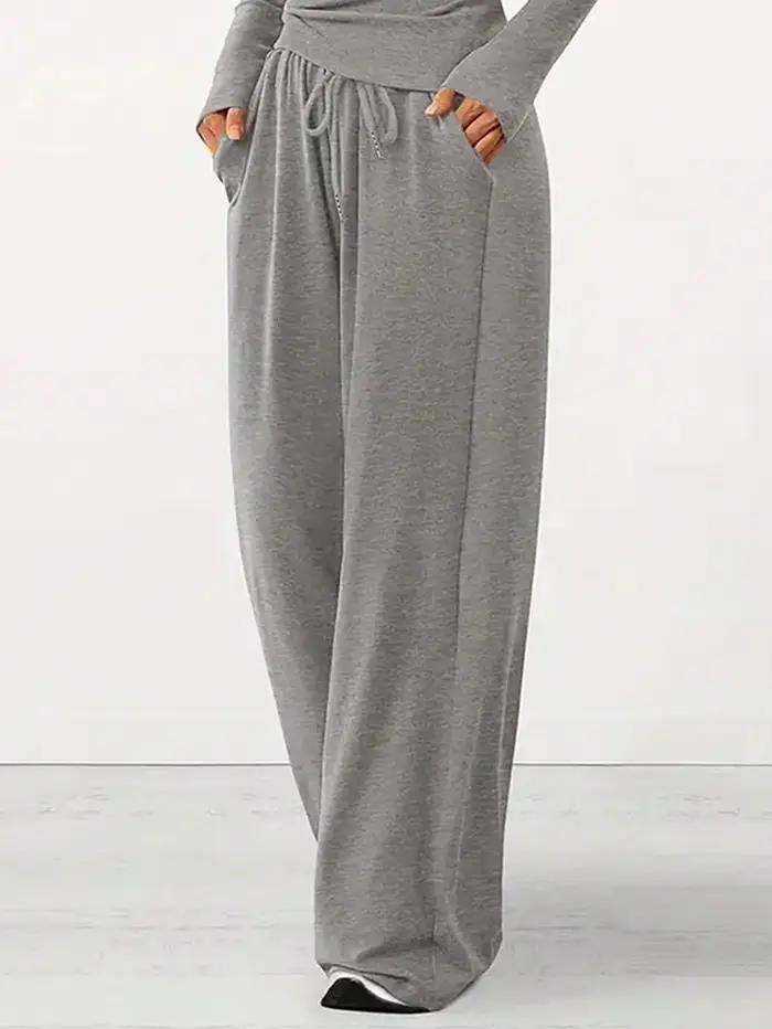 Pantalon gris taille haute à jambes larges, ensemble de vêtements de sport à manches courtes pour fe