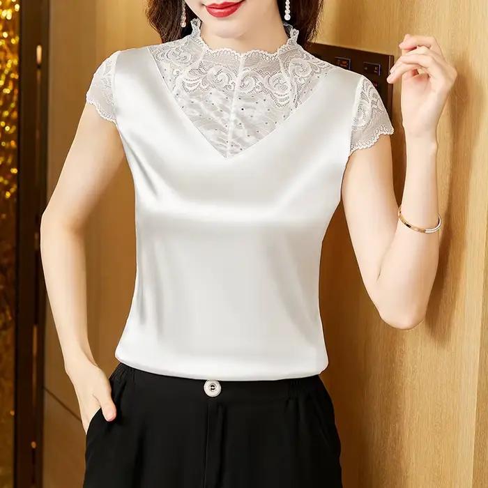 M-5XL 2023 Mode coréenne Chemisier en dentelle Patchwork Demi col haut Satin Pulls Y-Summer Chemise