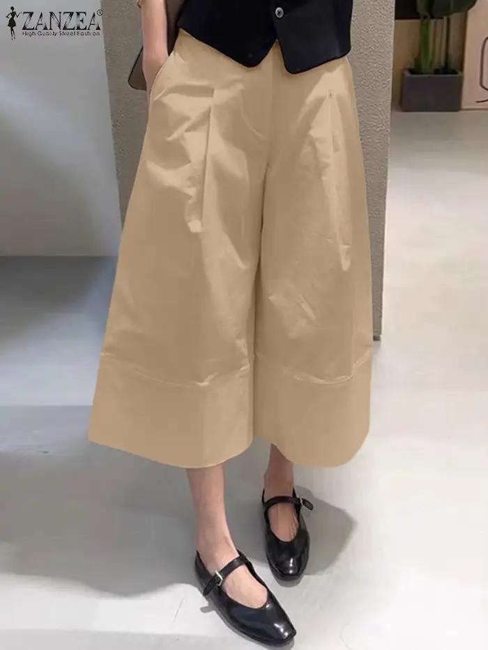 ZANZEA femmes décontracté mollet longueur pantalon élastique dos taille couleur unie jambe large rec