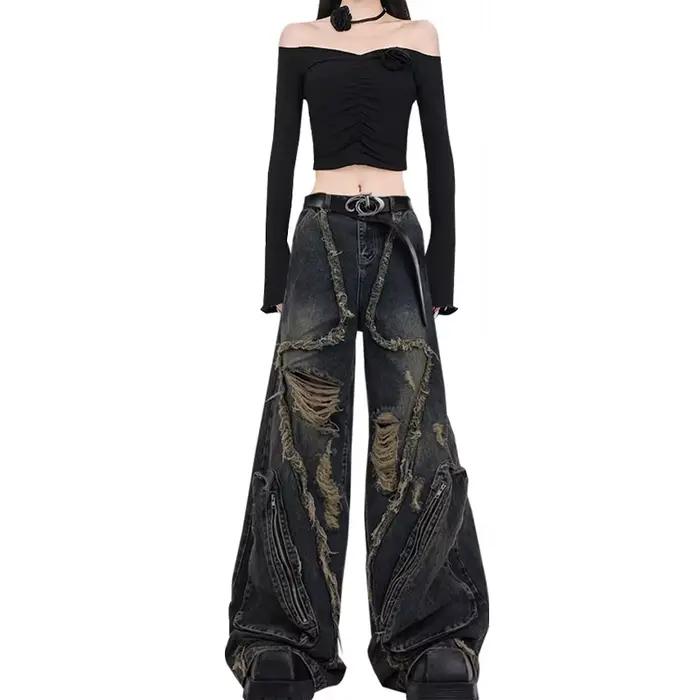 Jean Cargo gothique noir pour femmes, Harajuku Y2k, Style japonais des années 2000, pantalon en Deni