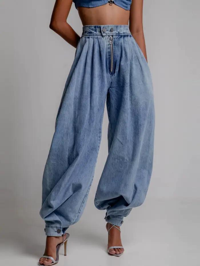 Pantalon Harem en jean délavé décontracté pour femme, taille haute, fermeture éclair, coupe ample, s