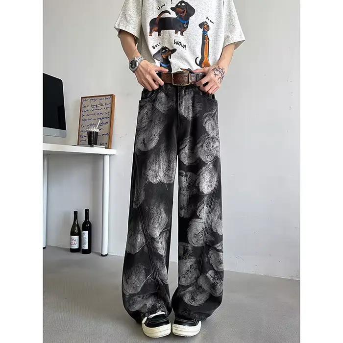 Jean droit ample imprimé Streetwear unisexe mode urbaine tendance pantalon en Denim décontracté homm