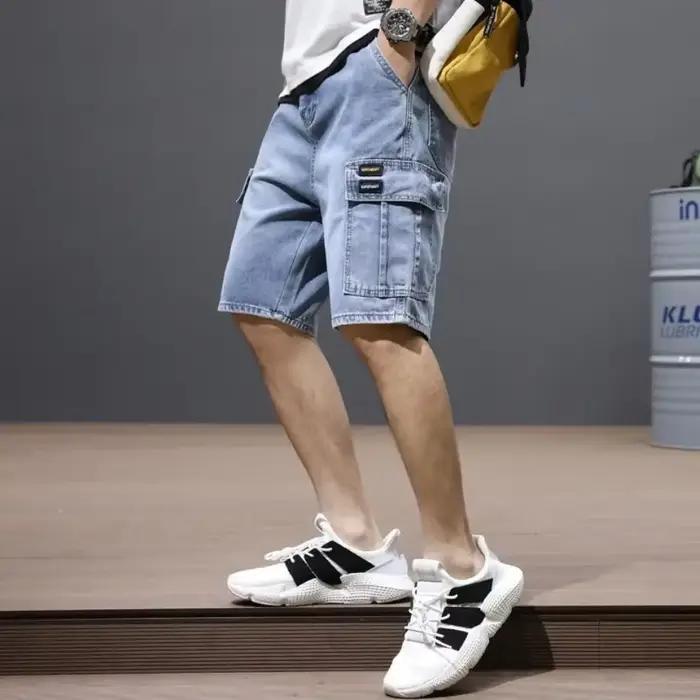 Homme Denim Shorts Noir Gris Cargo Short Jeans Pantalon pour Hommes avec Poches Boutons Populaires V