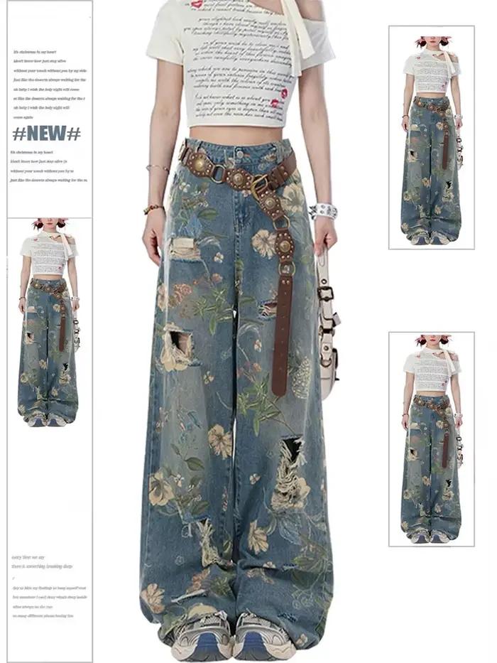Jean Déchiré à Imprimé Graphique pour Femme, Baggy, Harajuku, Denim Esthétique des Années 90, Vintag