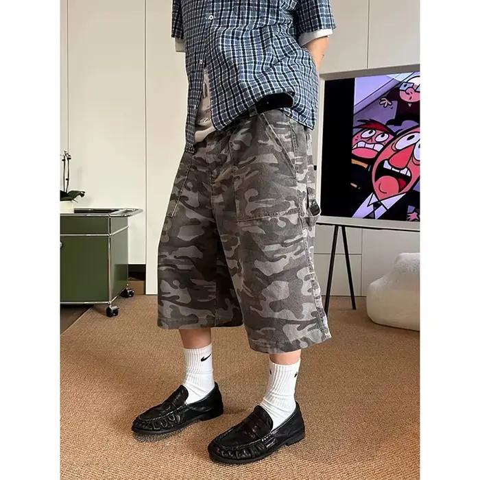 Shorts en jean vintage camouflage ZHIZOU pour femme, coupe oversize, effet usé, style Y2K grunge, ba