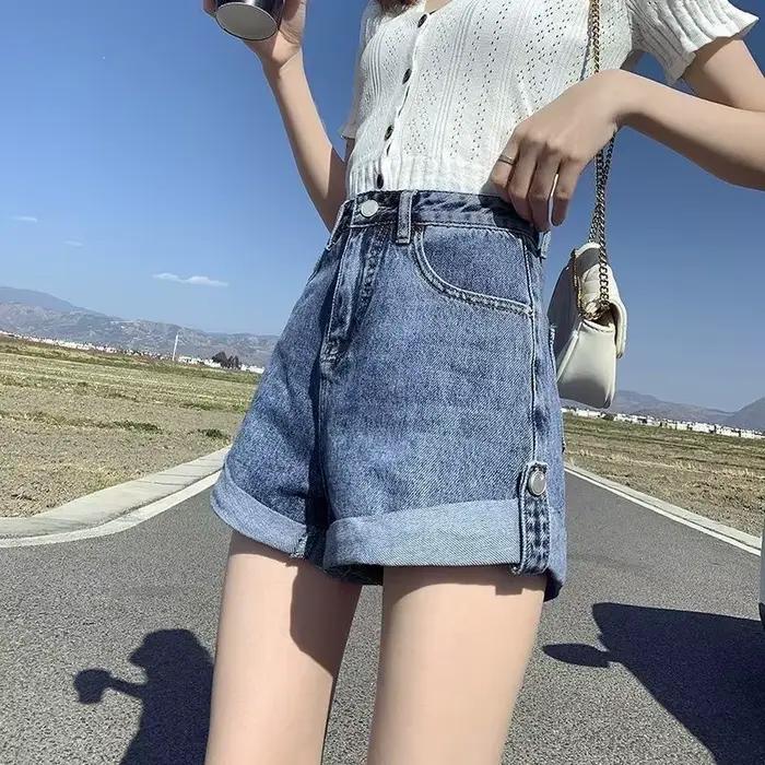 Short en jean taille haute d'été, polyvalent, ample, fin, à jambe large, coupe ajustée, avec revers,