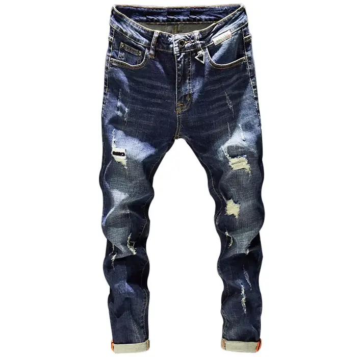 Jean déchiré pour hommes coupe ajustée bleu foncé printemps automne détruit déchiré élégant Moto Bik