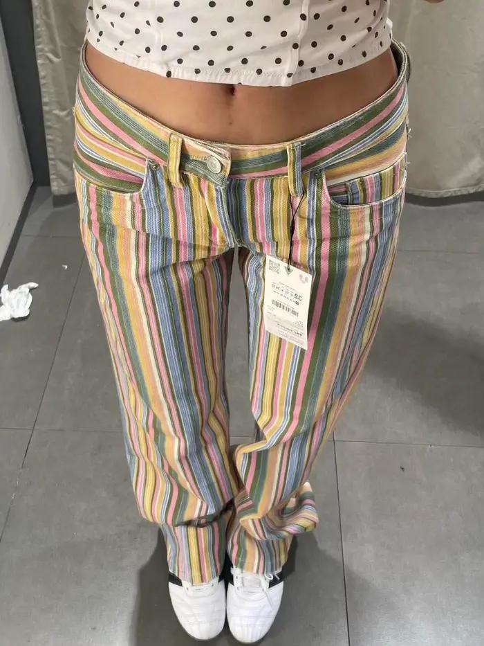 Jean droit taille basse à rayures color-block, coupe décontractée, style Y2K rétro, tendance amincis