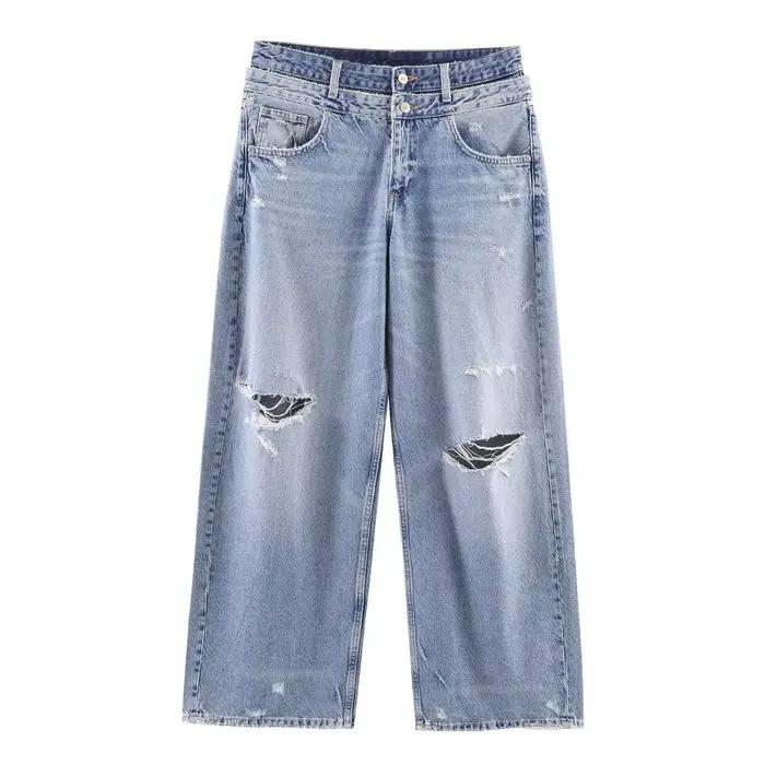 Jean droit taille mi-haute double couche pour femme, style bohème vintage évasé, tendance INS transf
