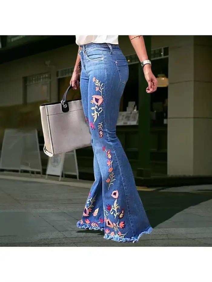 Jean évasé de tempérament élégant brodé élastique. Femmes quatre saisons nouvelle mode confortable c