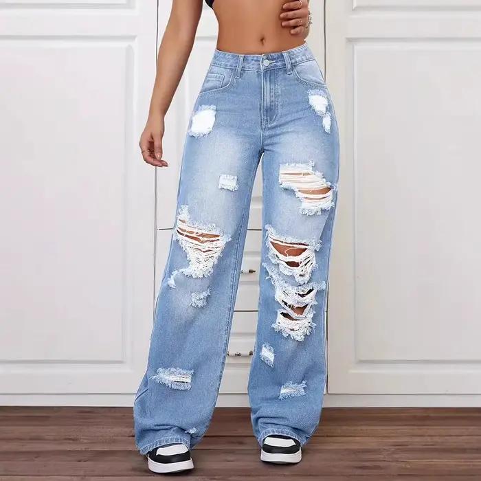 Trou jean femmes pantalon à jambes larges Vintage lavé déchiré Denims longueur de plancher taille ha