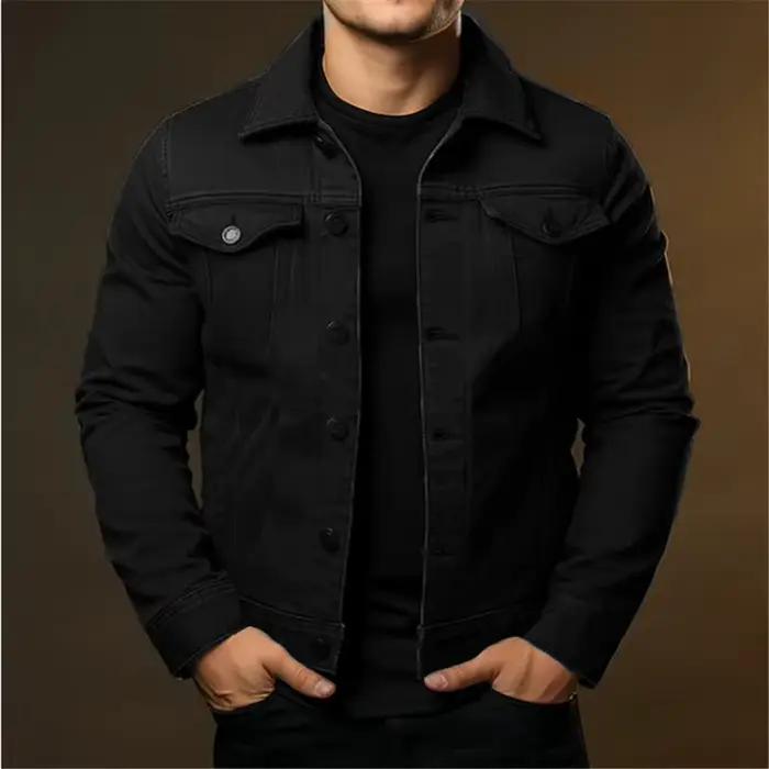 Veste en jean décontractée pour hommes, col rabattu, streetwear monochrome, vêtements d'extérieur en