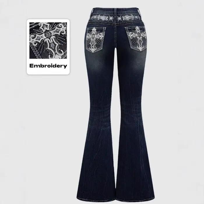 Jean évasé vintage pour femme, coupe bootcut, broderies, poches, strass, denim délavé, effet usé, st